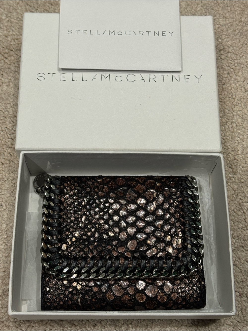 Stella McCartney Metallic Black-Bronze Chain-Trimmed Wallet 🔥